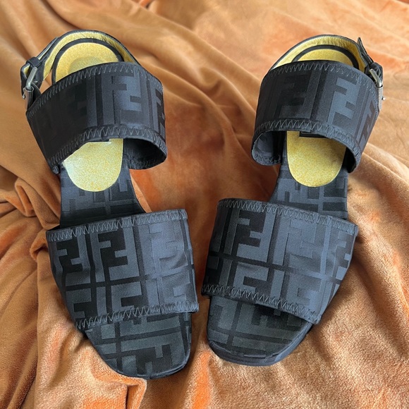 Vintage Fendi Scarpe Tonal Black Zucca Print Wedge Platform Sandals 38-39fr 8US - Picture 7 of 10